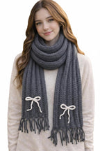 PAUL SONS Women’s Knit Winter Scarf with Bow Details, Classic Fringe Ends, Warm & Lightweight Cold-Weather Wrap for Casual, Holiday & Gift Wear (1, GREY, MEDIUM)
