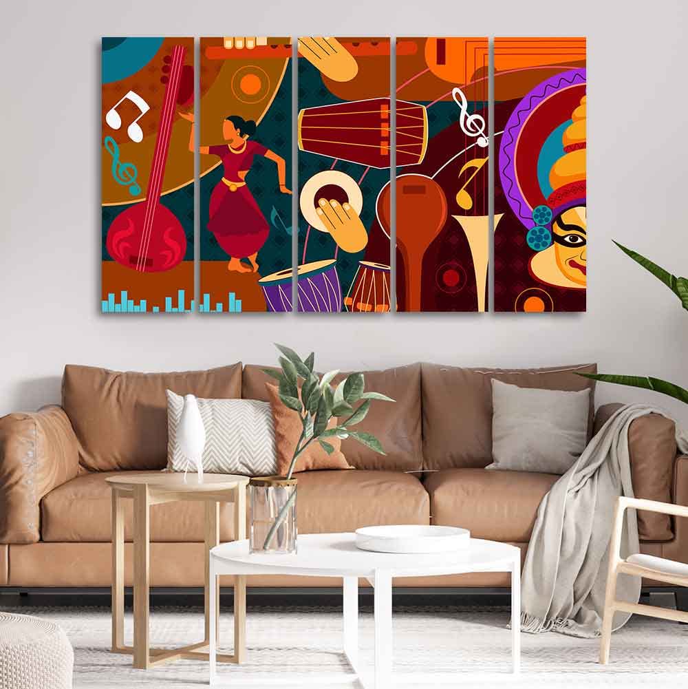 VIBECRAFTS Dance & Music Instruments Canvas Wall Painting Set of Five For Home|Office|Living Room|Gift (PTVC5Pcs4_8626)