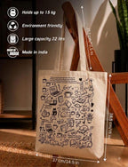 Velmora Canvas Tote Bag for Women and Girls, Printed Cotton Shopping Bag with Long Handles, Reusable Carry Bag with Cat Coffee Book Doodle Print, Lightweight Casual Shoulder Bag, Black(Pack of 1)