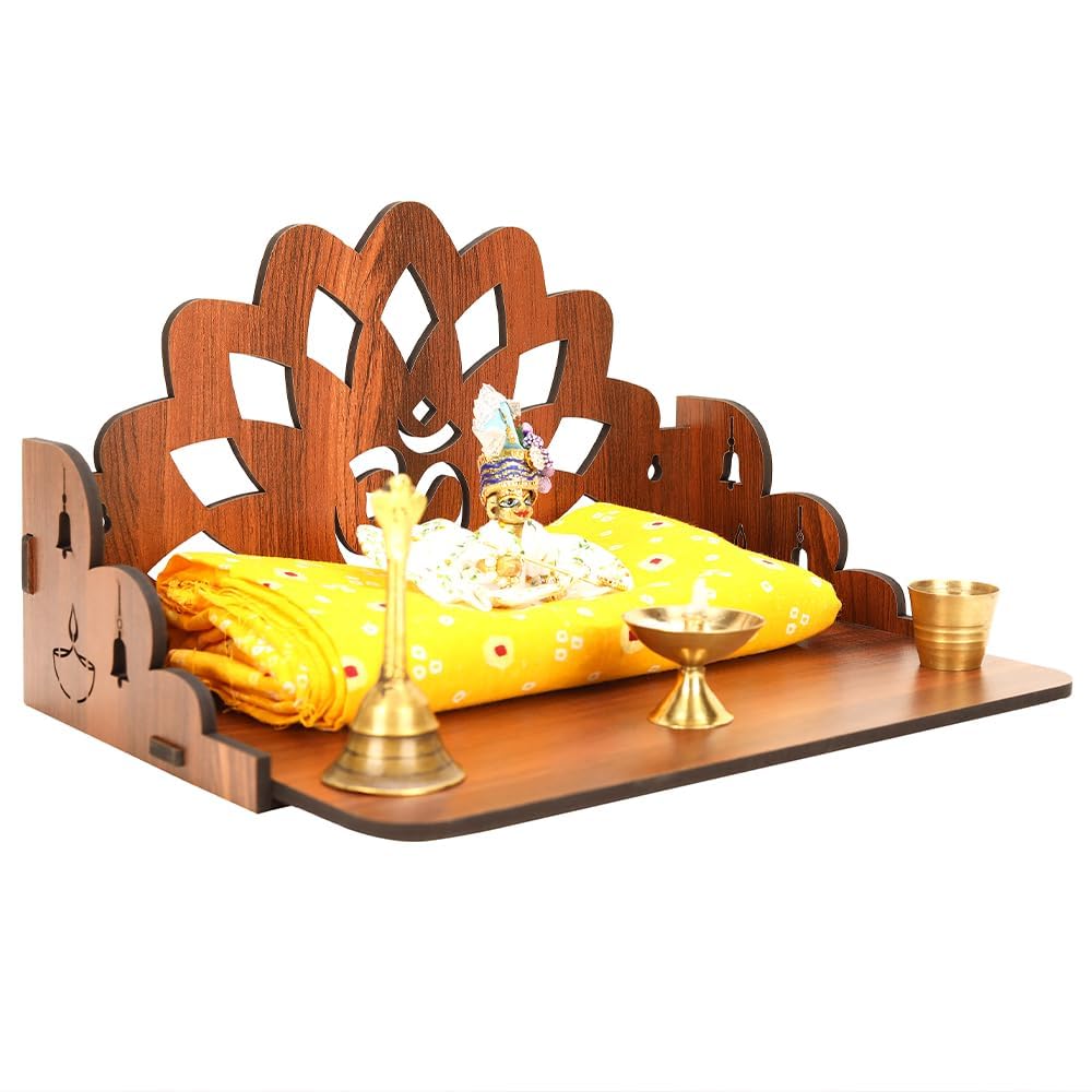 BerryBox Wood Hand Crafted Om Pattern Home Temple for Pooja Temple for Home and Office l Puja Mandir l Wooden Mandir l Puja Shelve | | Compact Pooja Ghar Stand (Design 2)