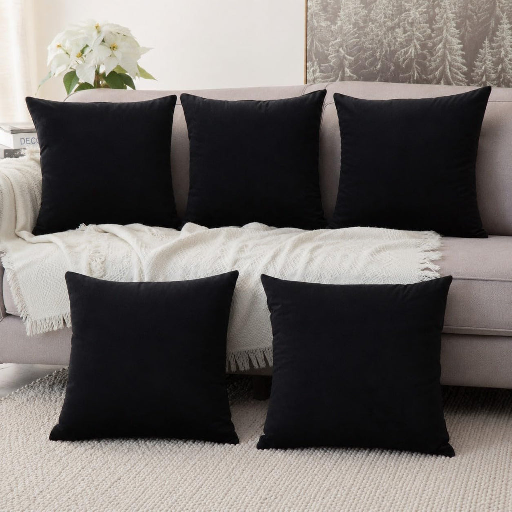Khooti Velvet Cushion Cover, 26x26 (Black)(Pack of 5)