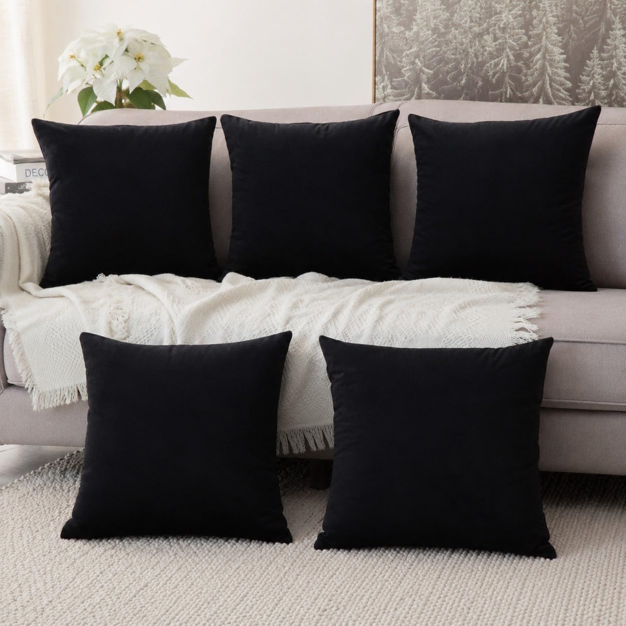 Khooti Velvet Cushion Cover, 26x26 (Black)(Pack of 5)