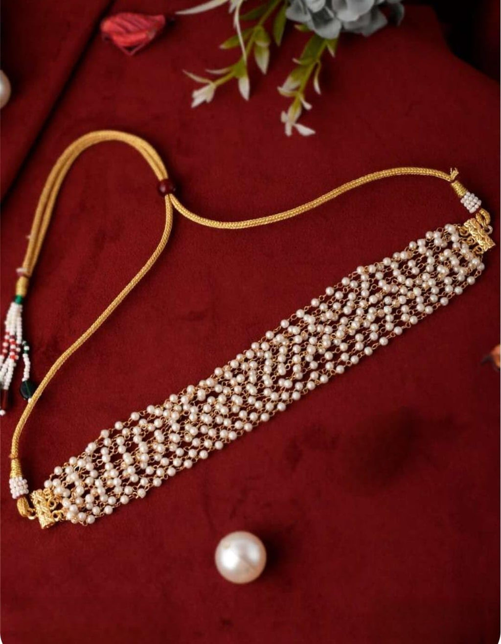 Handmade for her Handmade Pearl Choker Necklace for Women, White, Traditional Indian Style, Adjustable Gold Tone Chain