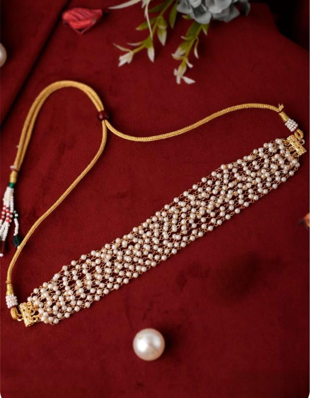 Handmade for her Handmade Pearl Choker Necklace for Women, White, Traditional Indian Style, Adjustable Gold Tone Chain