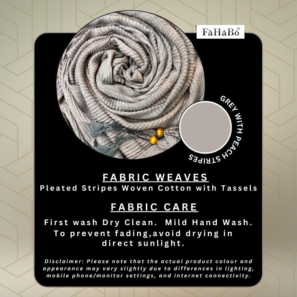 FAHABO Scarf Woman Pleated Stripes Woven Cotton Scarves with Tassels | Hijab Scarf | Headscarf | Neck Scarf | Stoles | Wraps (Grey with Peach Stripes)