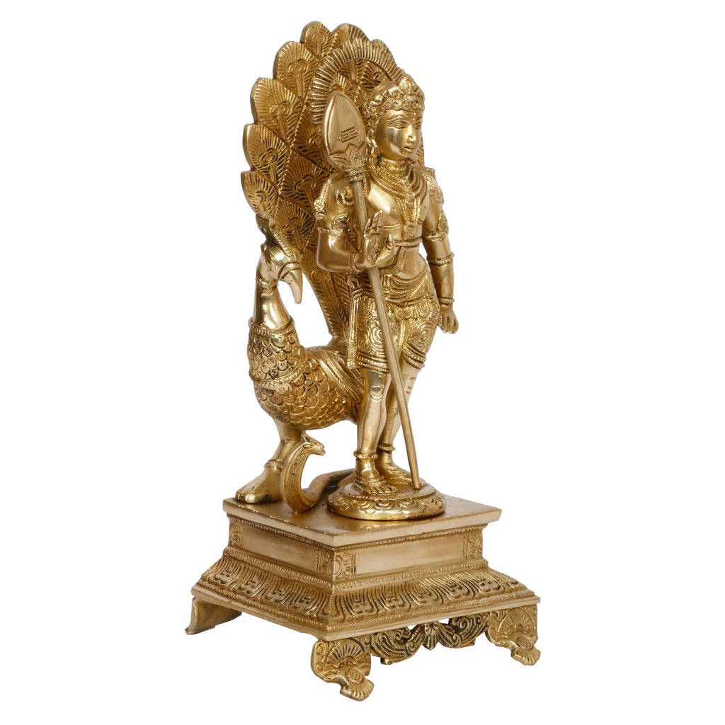 ARTVARKO Brass Lord Murugan Kartikeya Murugana Kumaraswamy Karthikeya Standing Idol with Peacock Swaminatha Skanda Murti Swami Ji Subrahmanya Swamy Height 12 Inch