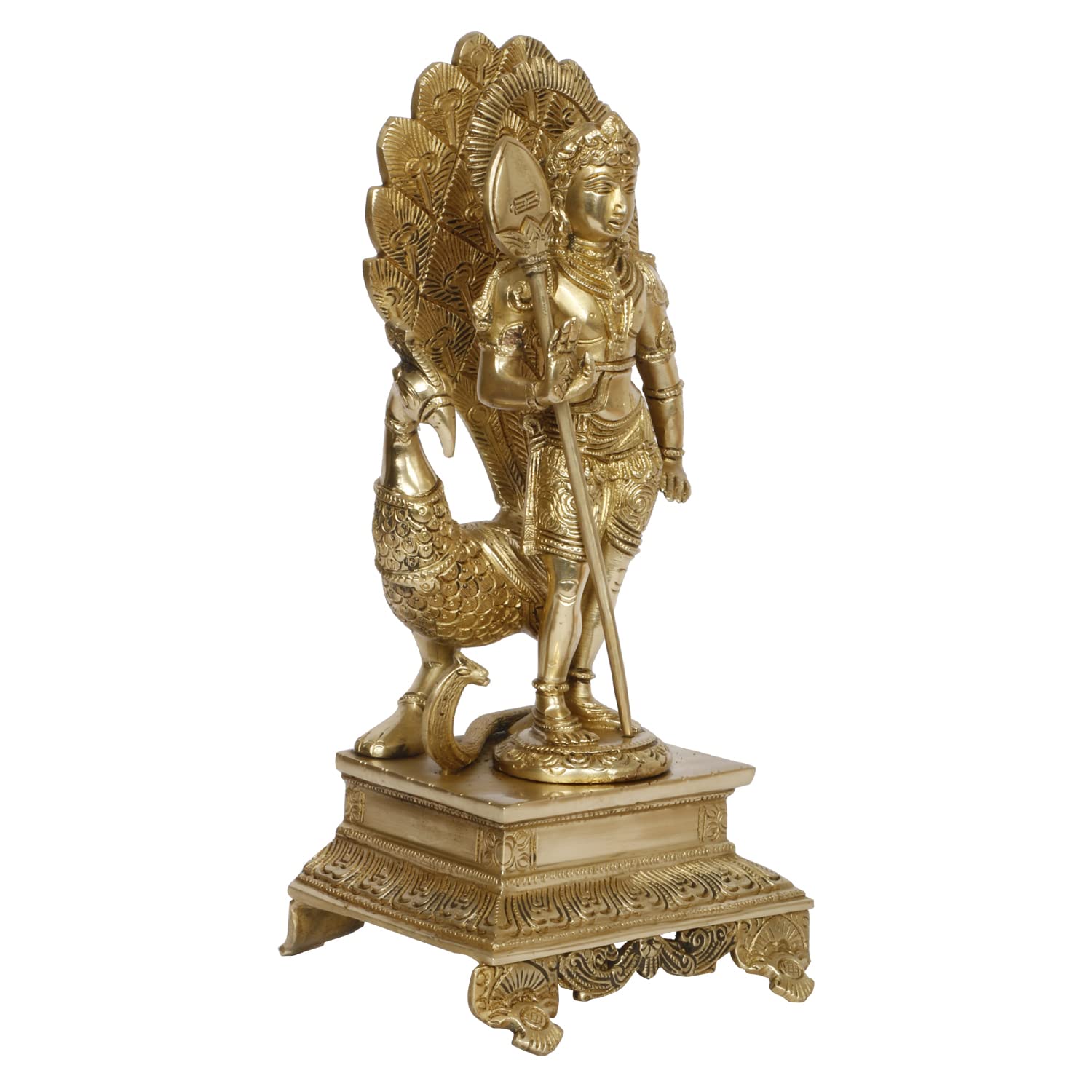 ARTVARKO Brass Lord Murugan Kartikeya Murugana Kumaraswamy Karthikeya Standing Idol with Peacock Swaminatha Skanda Murti Swami Ji Subrahmanya Swamy Height 12 Inch