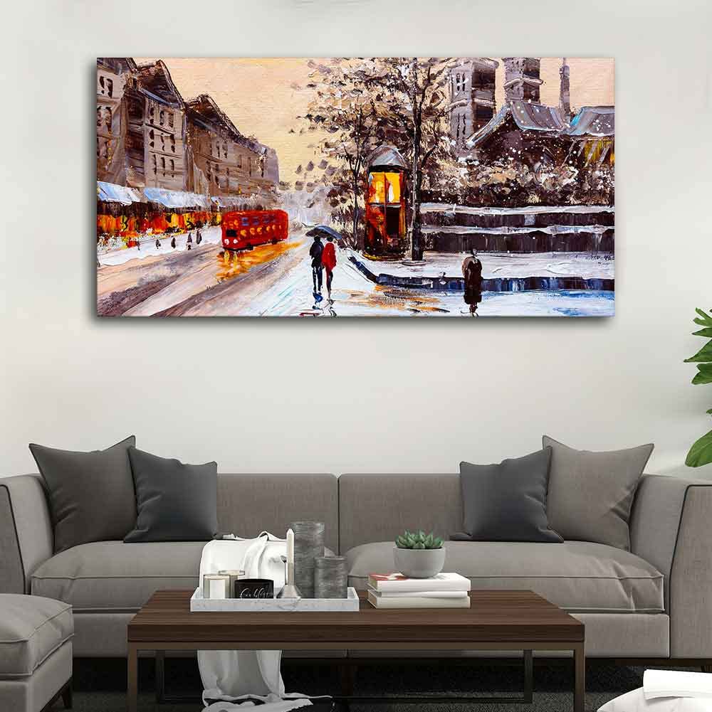 VIBECRAFTS Canvas Paintings for Living Room Drawing Wall Painting of Street view London with Snowfall Background Fitted Wooden Frame For Home | Office | Gift (PTVCH_2267N) (48 x 24 Inches)