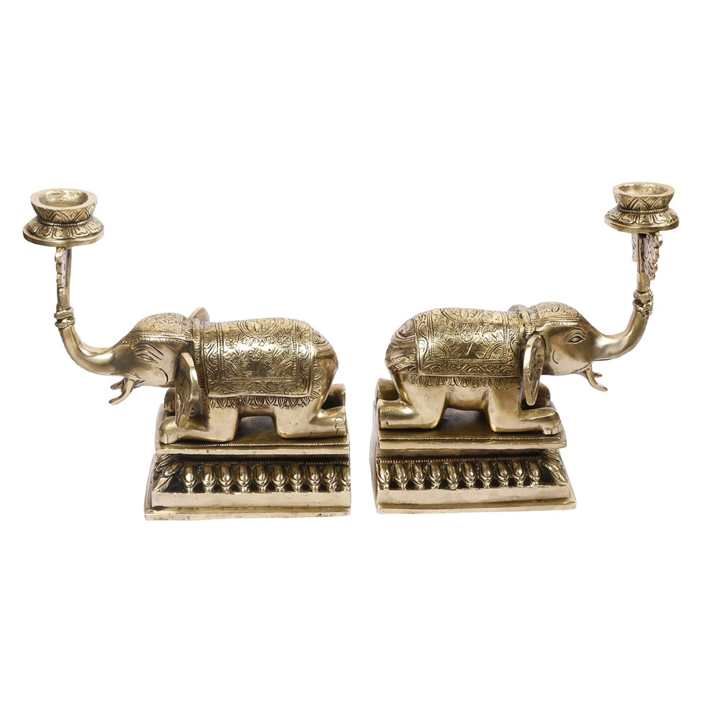 Artvarko Brass Elephant Tealight Candle Holder Pair (2 Pcs) Fengsui Vastu for Good Luck Success Prosperity Home Decor Marriage House Warming Gift Height 8 Inches