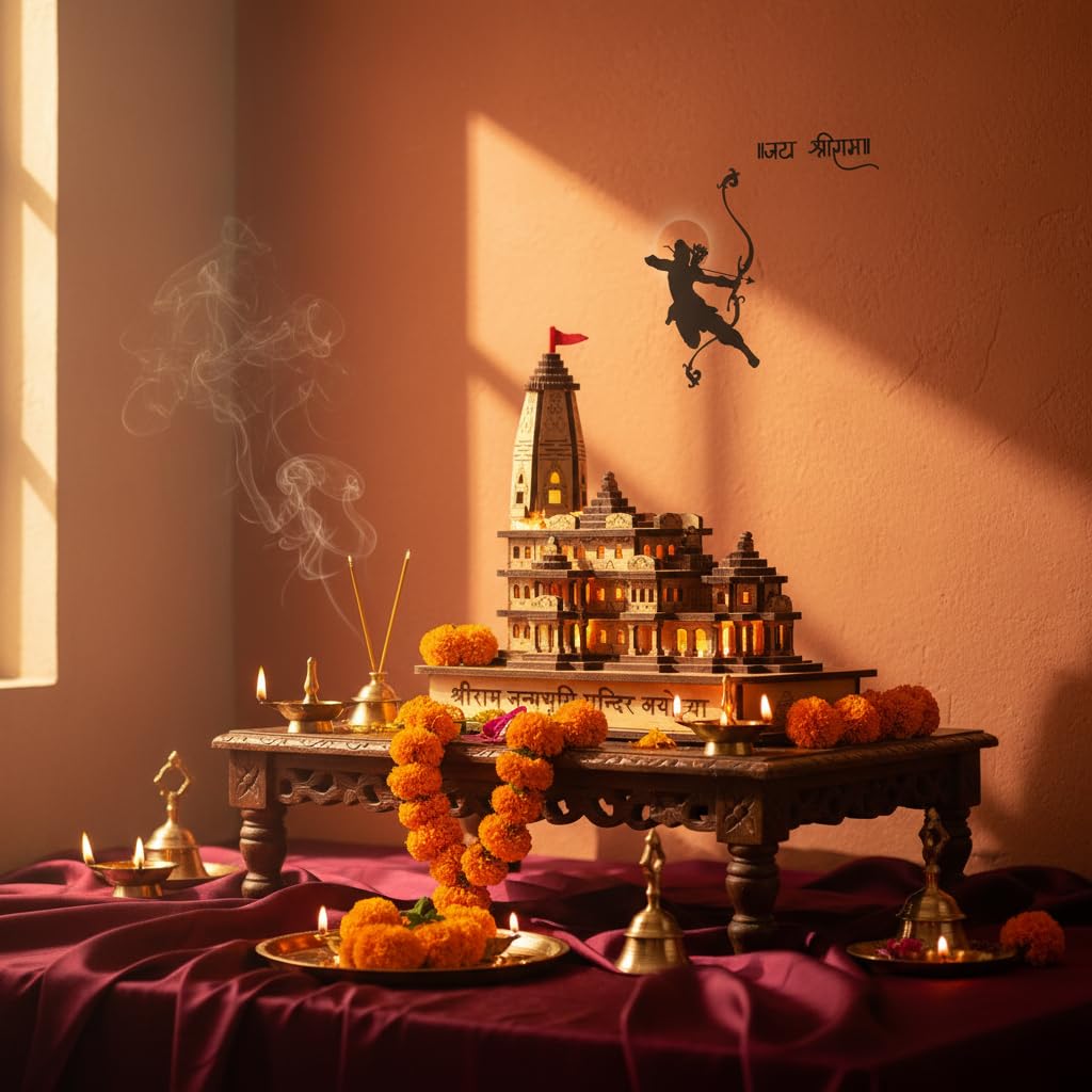 eXme Ram Mandir Ayodhya 3D Model | Handcrafted Wooden Ram Mandir with Light | Perfect for Home Decor, Spiritual Altars, Religious Gifts, Car Dashboard (with Light)