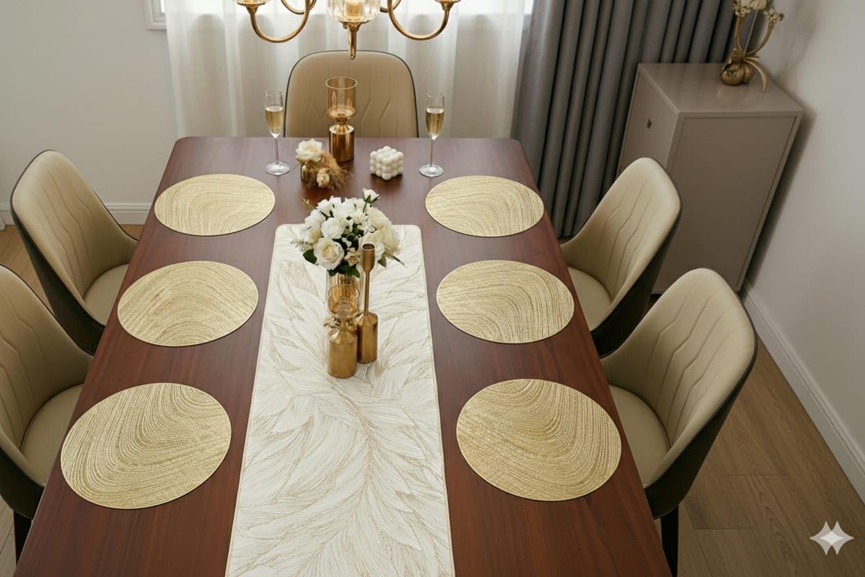 Dining Table Mats with Table Runner Set Leaf Pattern Placemat Set for Dining Table Kitchen Home Decoration (Golden Orbit + Modern ractangle, Pack of 7 (6+1)) Kafalo