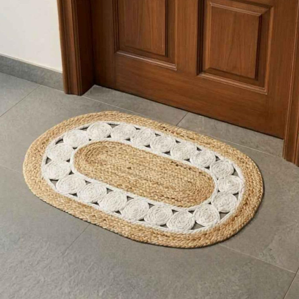 ATRANGI STUDIO Oval Jute Mat | Handwoven Braided Design Mat | Circular Floor Rug for Living Room, Bedroom, Reading Corner | Boho Home Decor | 30x18 inch, White