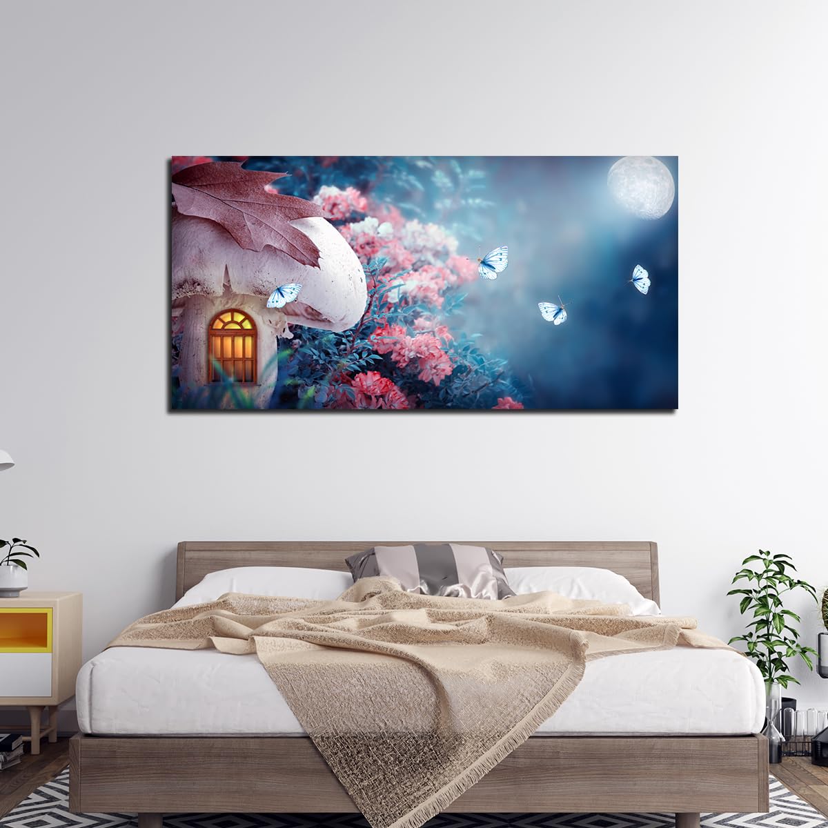 VIBECRAFTS Canvas Paintings for Living Room Drawing Room Beautiful Wall Painting of Mushroom House in Enchanted Fairy Tale Forest Fitted with Wooden Frame for Home|Office|Gift(PTVCH_2297NV)
