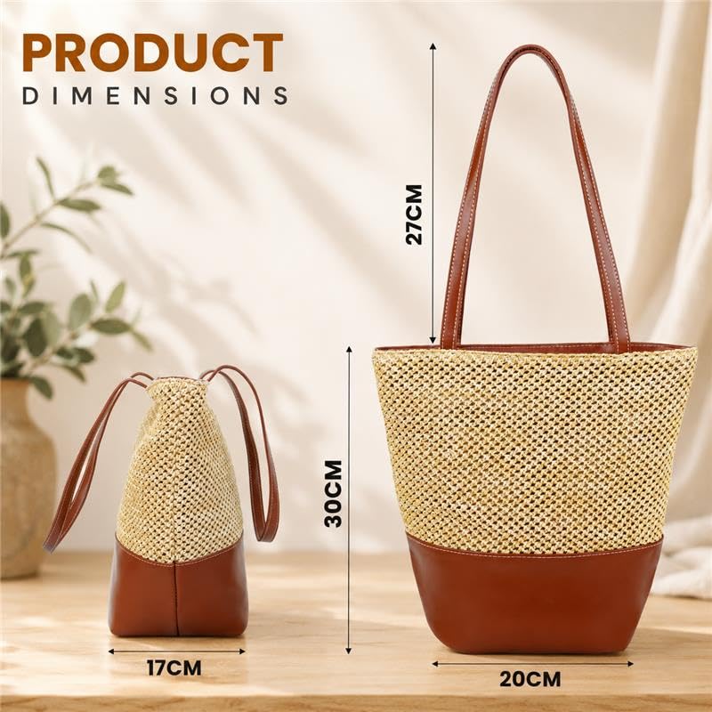 Storite Women’s Summer Straw Tote Bag – Woven Raffia Beach Handbag with Leather Base & Long Shoulder Straps | Lightweight Vacation, Travel & Everyday Shopper Bag