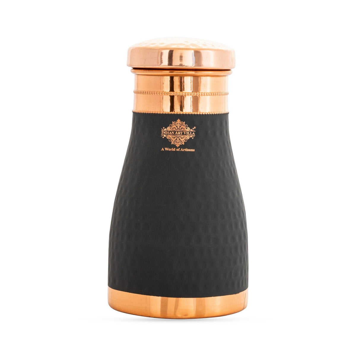 INDIAN ART VILLA Pure Copper Bedroom Bottle with Inbuilt Glass, Grey Silk Finish Hammered Design - Drinkware & Storage Purpose, Volume 950 ml (Pack of 1)