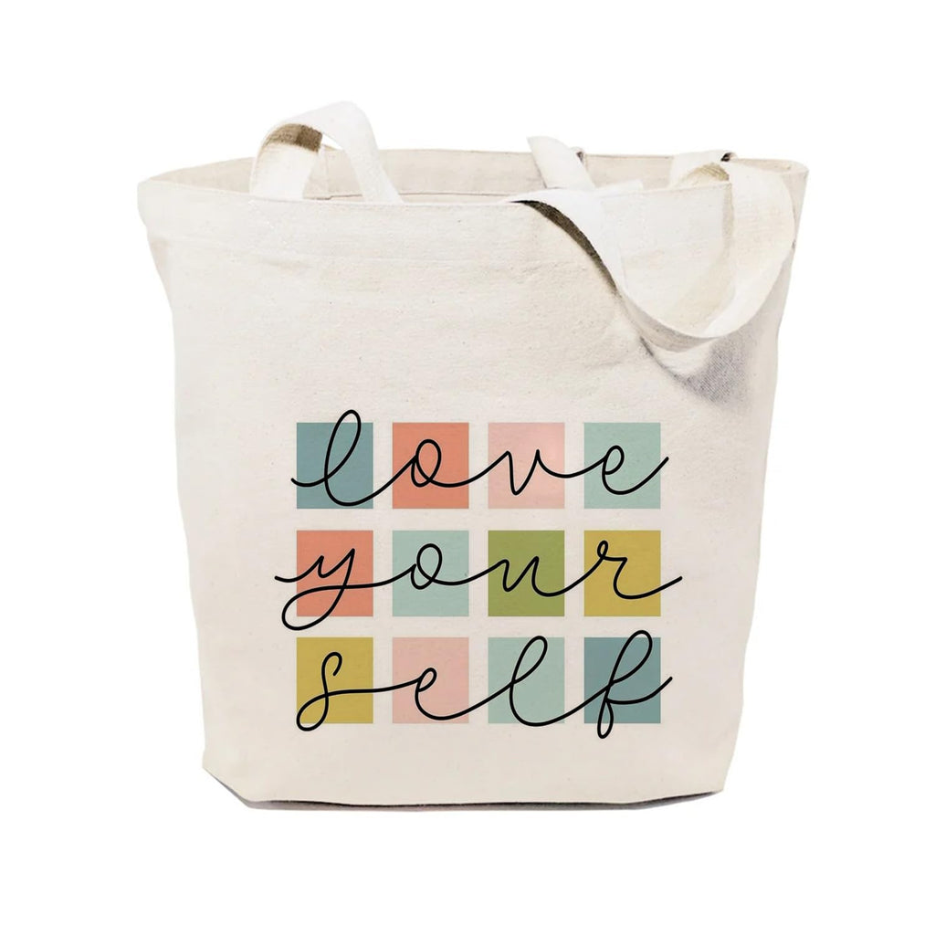 Heu “Love Yourself” Printed Canvas Tote Bag | Aesthetic Quote Reusable Cotton Shoulder Bag | Stylish Eco-Friendly Shopping Tote for Women & Girls