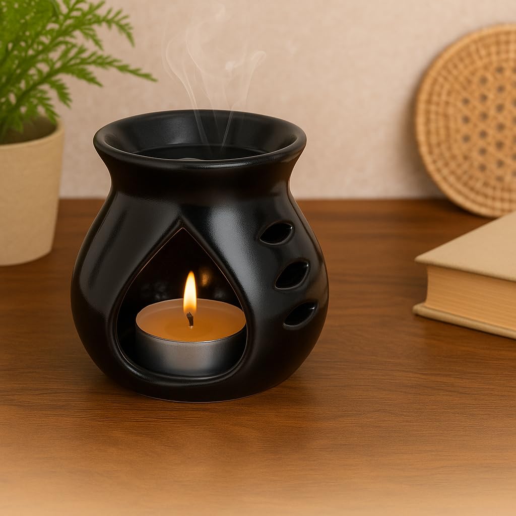 Pure Source India Ceramic Clay Oil Burner Aroma Diffuser (Black) Set of 2 | Essential Oil & Wax Melt Burner | Tea Light Candle Holder | Home Fragrance Diffuser for Spa, Yoga & Home Decor