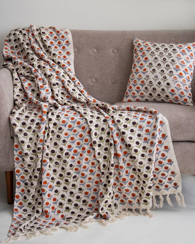 DMAASA Cotton Printed Peach Floral Jaal Pattern Sofa Throw (50x70 Inches) with 2 Pcs Cushion Cover(16x16 Inch) Boho Lightweight Thrower for Couch, Living Room & Bed (Pack of 3) Kafalo