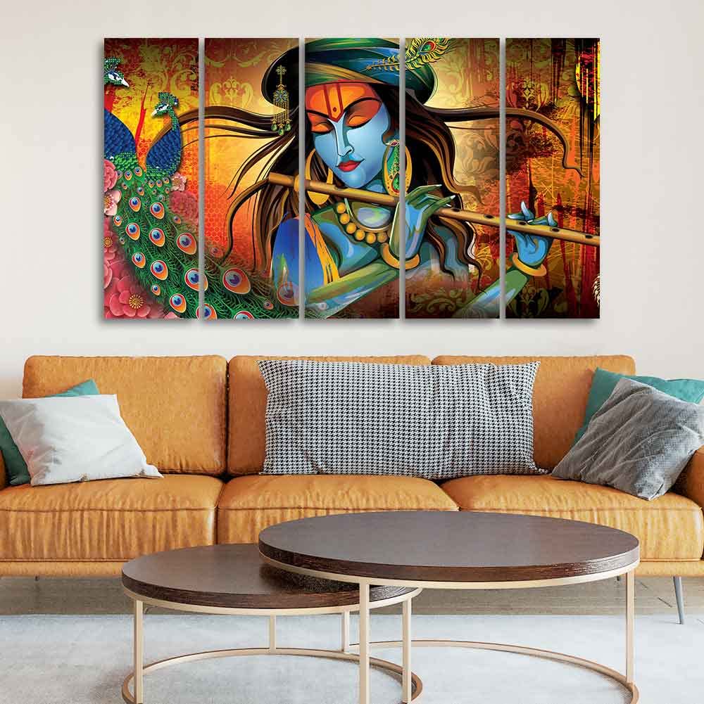 VIBECRAFTS Classic Krishna Premium Wall Painting of Five Pieces For Home|Office|Living Room|Gift (PTVC5Pcs4_8712)