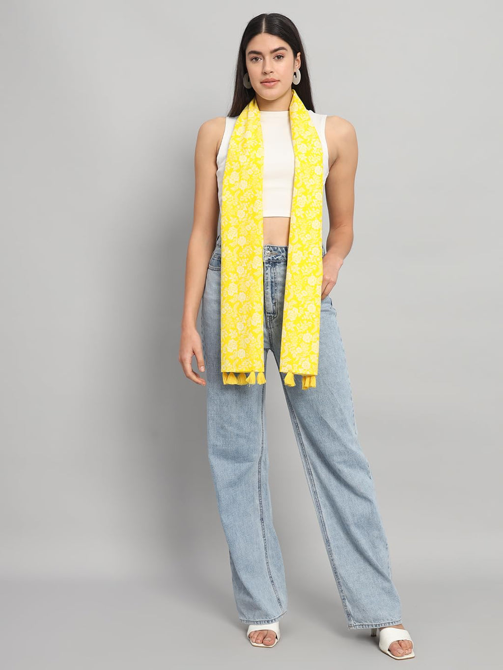 Ravaiyaa - Attitude is everything Women Yellow & White Hand Block Floral Printed Cotton Tasseled Scarf 71 X 21 Inch