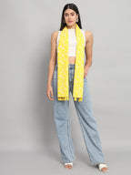 Ravaiyaa - Attitude is everything Women Yellow & White Hand Block Floral Printed Cotton Tasseled Scarf 71 X 21 Inch