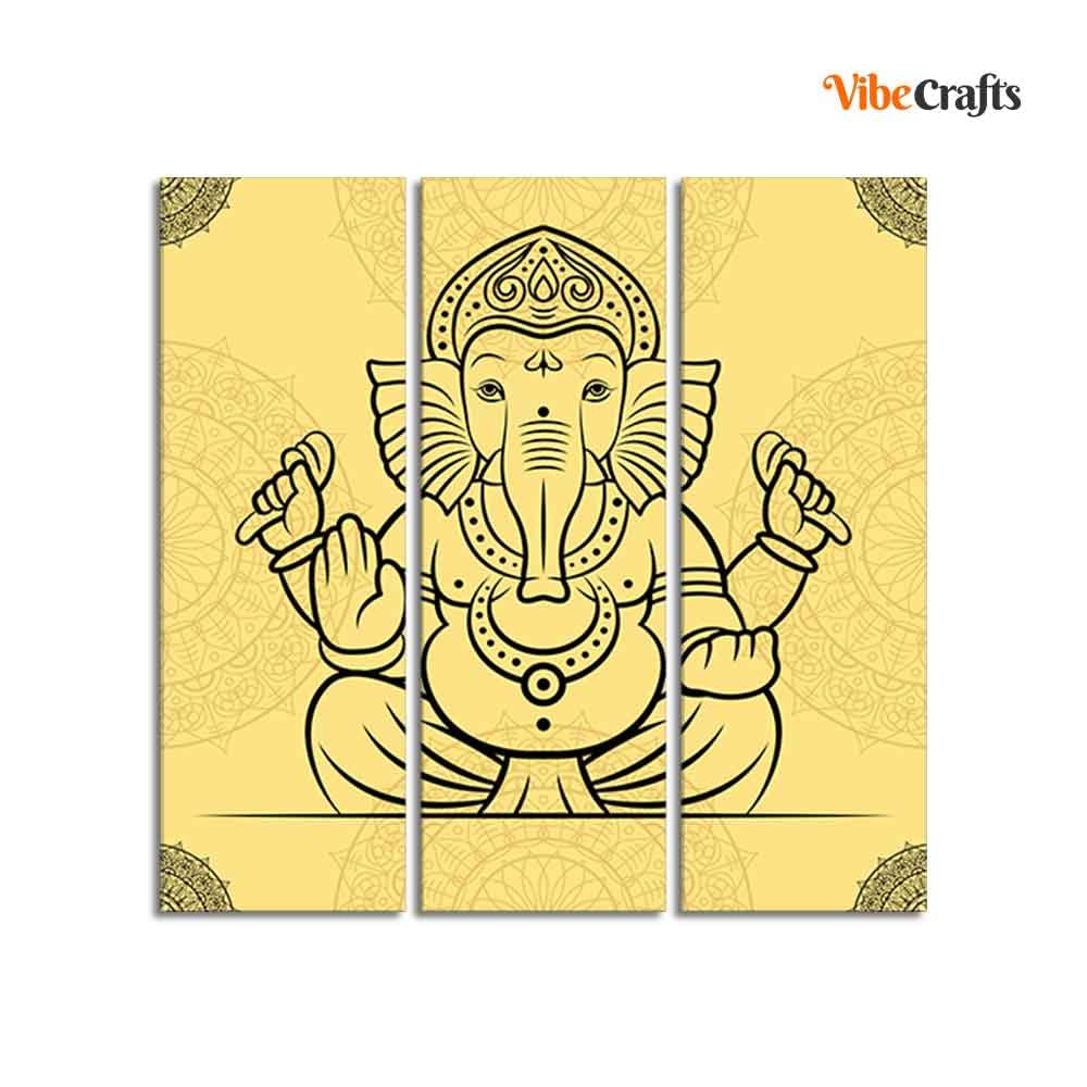 VIBECRAFTS 3 Pieces Ganesh Ji Canvas Wall Painting Fitted With Wooden Frame For Home | Office | Living Room | Gifts (PTVC3Pcs1_9580)