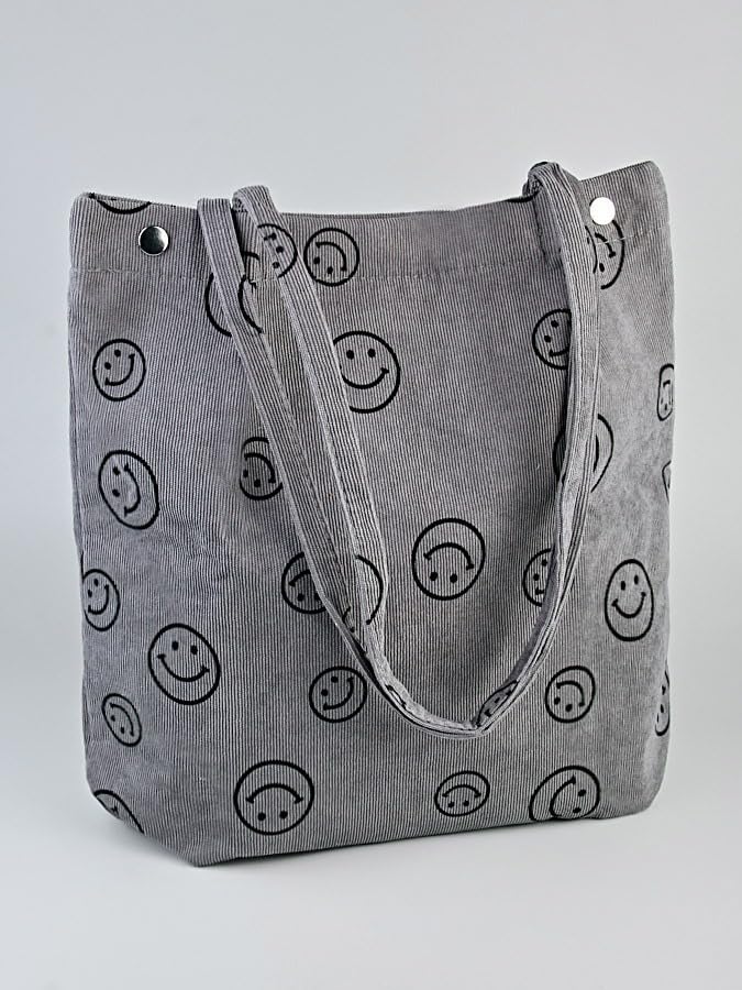 Street27 Womens Korean Canvas Corduroy Tote Bag Casual Work Shoulder Handbags|Multi-Purpose Bag |Sturdy Canvas Bag With Large Capacity|Shopping Bag For Office,College & Daily Use (Smiley Grey)