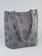 Street27 Womens Korean Canvas Corduroy Tote Bag Casual Work Shoulder Handbags|Multi-Purpose Bag |Sturdy Canvas Bag With Large Capacity|Shopping Bag For Office,College & Daily Use (Smiley Grey)