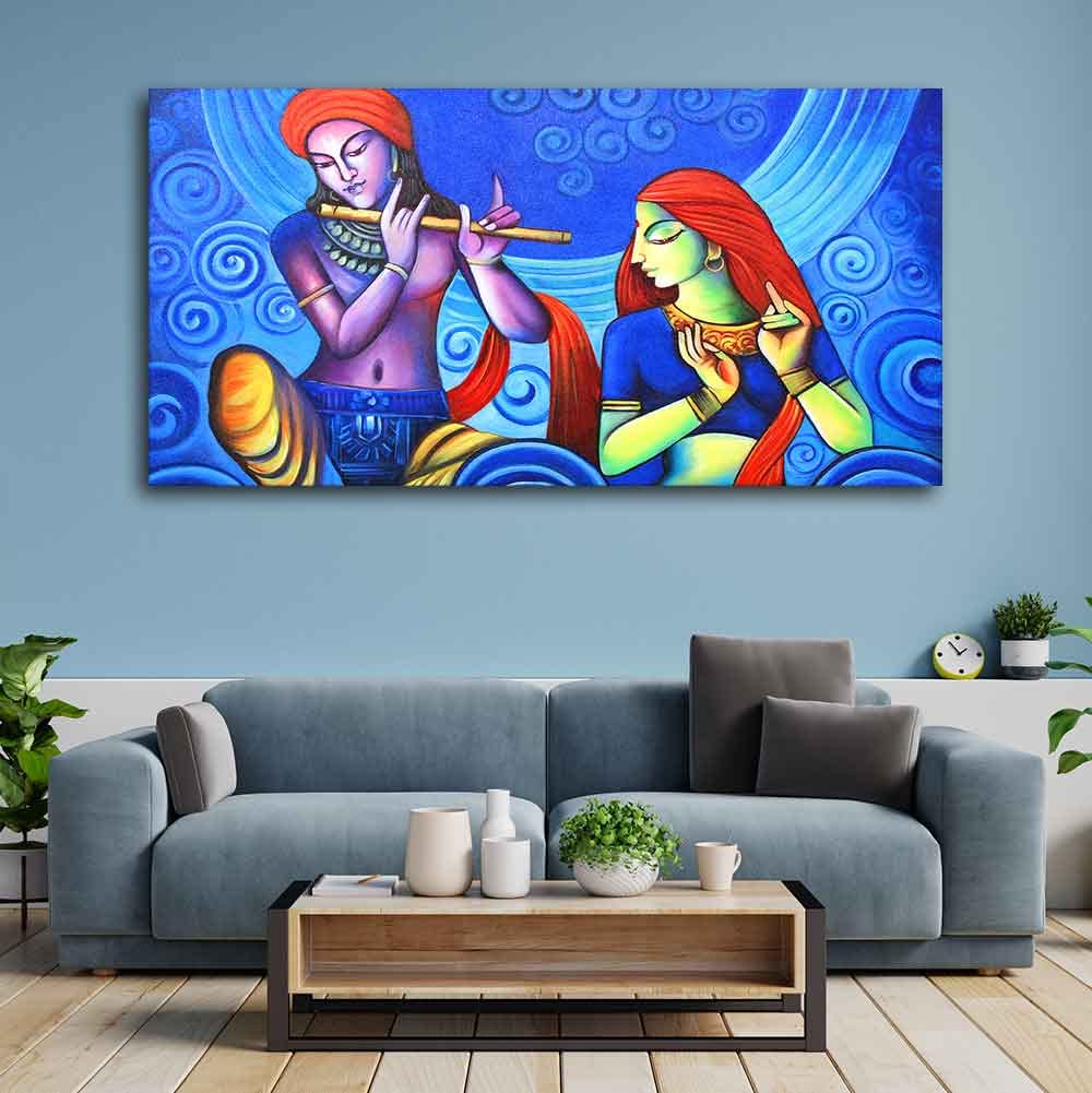 VIBECRAFTS Canvas Paintings for Living Room Drawing Room Radha Krishna Canvas Wall Painting Fitted With Wooden Frame For Home | Office | Living Room | Gift (PTVCH_2476)