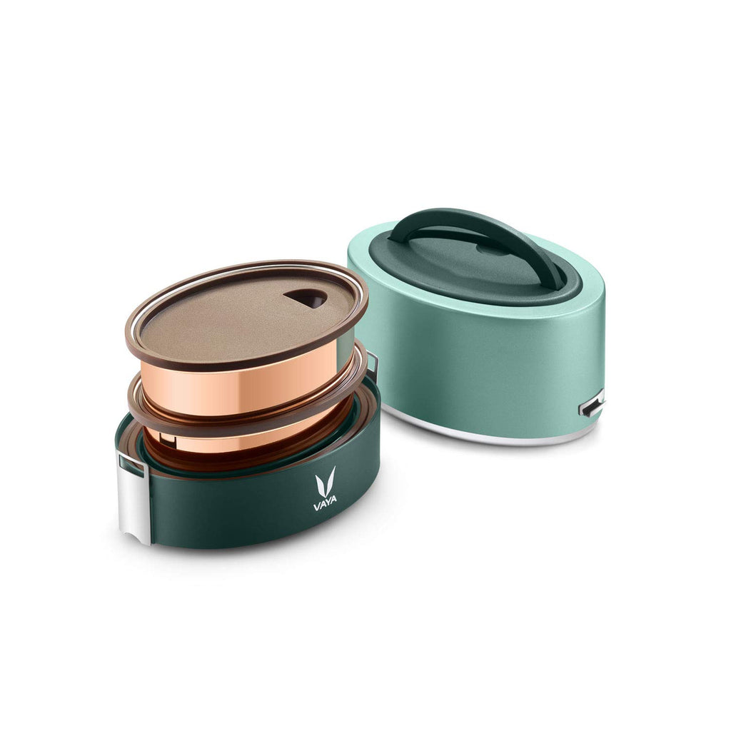 VAYA TYFFYN Lunch Box for Kids for School,Copper Finished Stainless Steel Tiffin Box, Insulated Tiffin Box for Office for Women, 600ml with 2 Leakproof Containers, Hot Lunch Box for Boys, Green