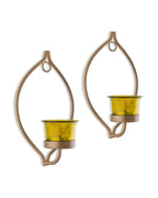 Homesake® Wall Candle Sconce Set of 2 with Glass Hurricane & Free Tealight Candles | Iron Wall Mounted Candle Holders for Living Room, Bedroom, Hallway, Home Decor | Eye Design, Yellow Gold & Black
