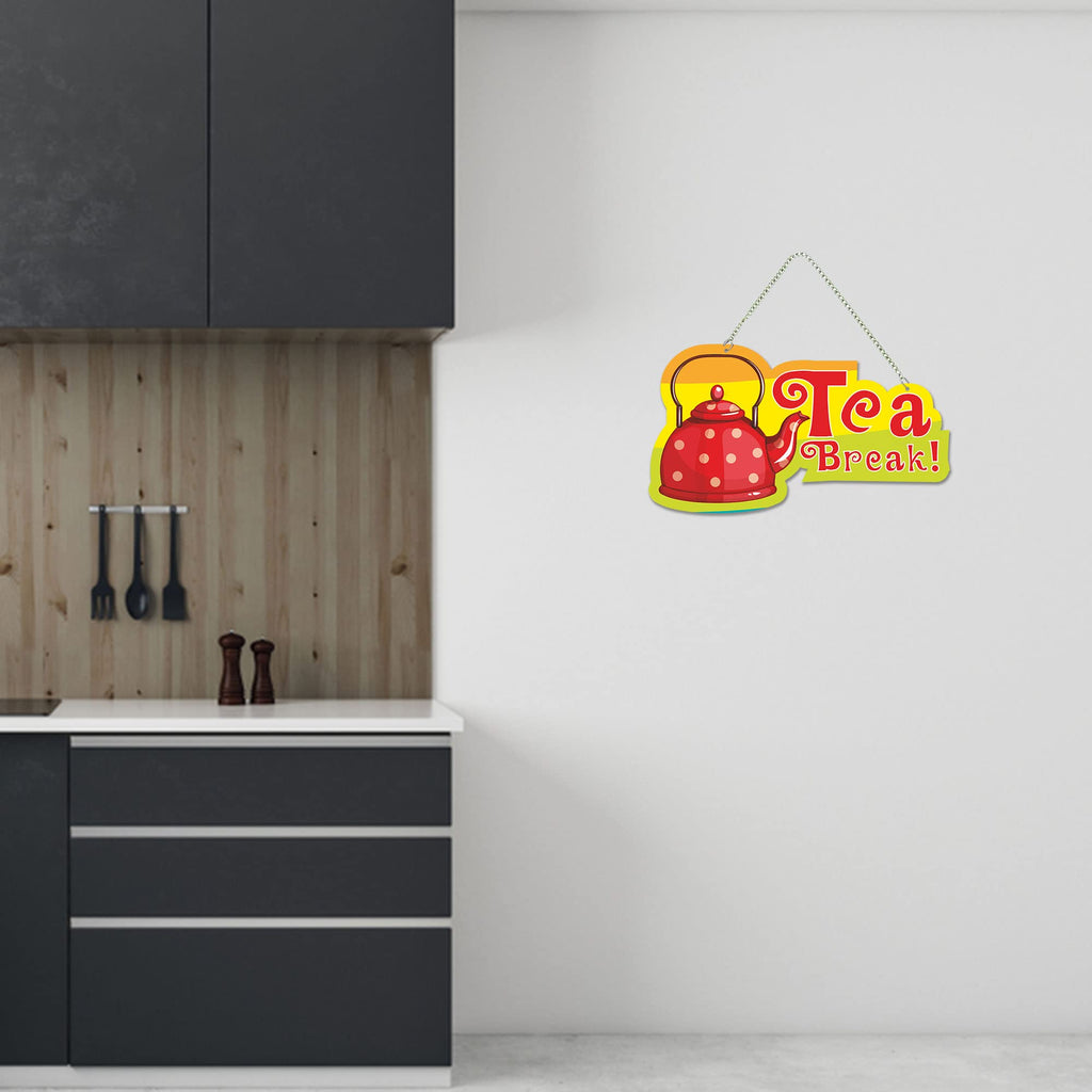 Artvibes Tea Break Wooden Wall Hanging for Livng Room | Quotes Decor Item | Printed Wall Decoration for Dining Room | Wall Illustrations | Graphic Print Artwork | Unique Gift | Cafe Decor (WH_5511N)