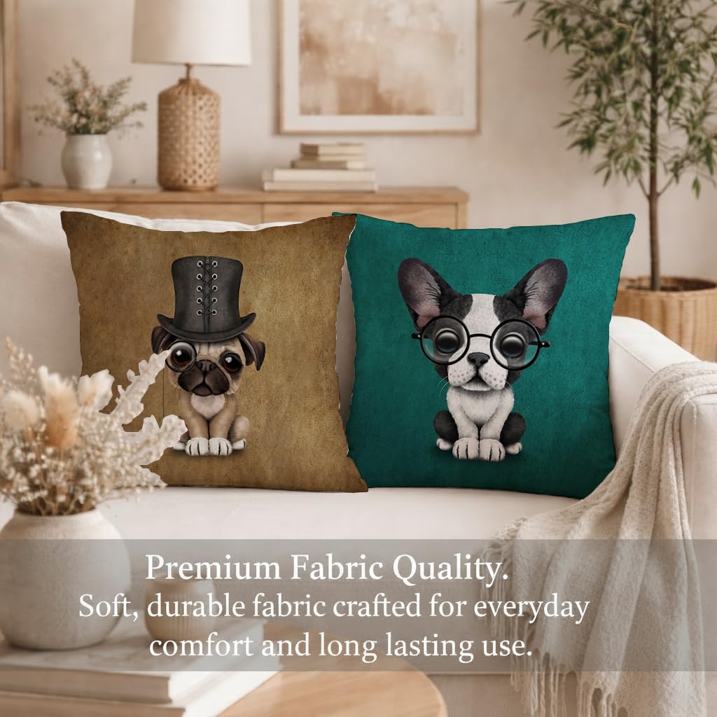 STITCHNEST Set of 2 Jute Cushion Covers – 18x18 Inches – Cute Puppy & French Bulldog Prints – Designer Decorative Pillow Covers for Sofa, Living Room & Bedroom | Perfect for Home Decor