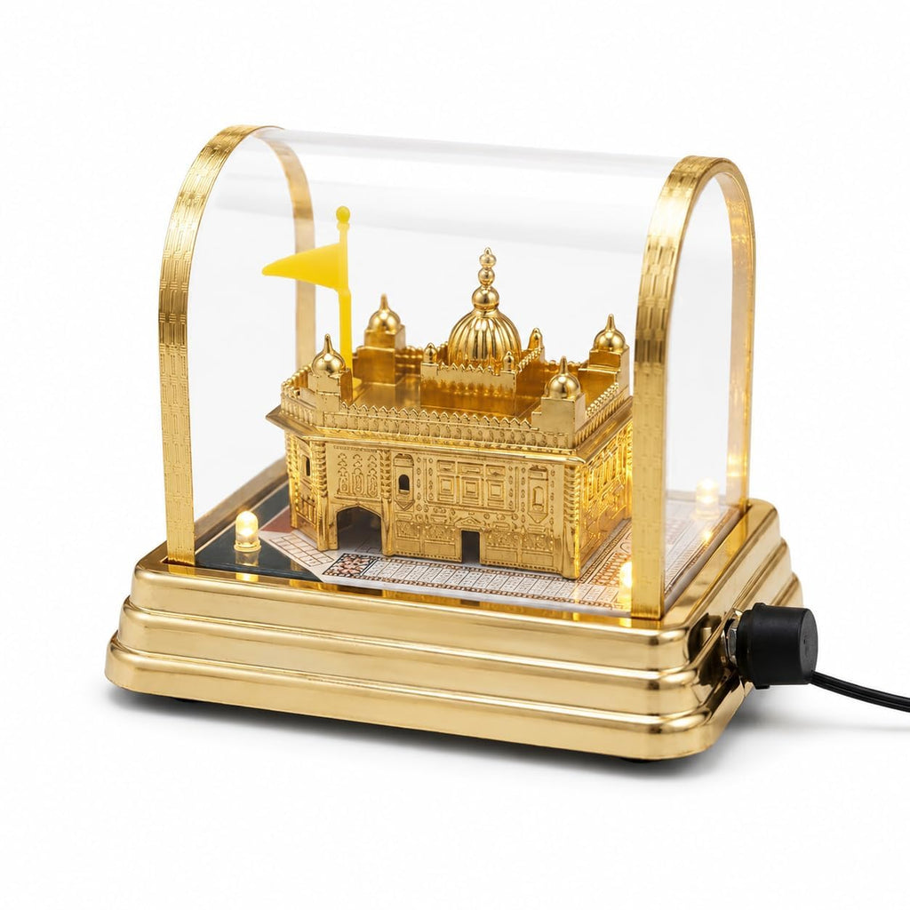 LT LYF TREND SHOP SMART. LIVE TREND. Golden Temple Miniature Replica with LED Lights and Inbuilt Shabad Tunes, Gold Finish, Acrylic Cover, 4x6 Inch, Decorative Showpiece for Home, Office