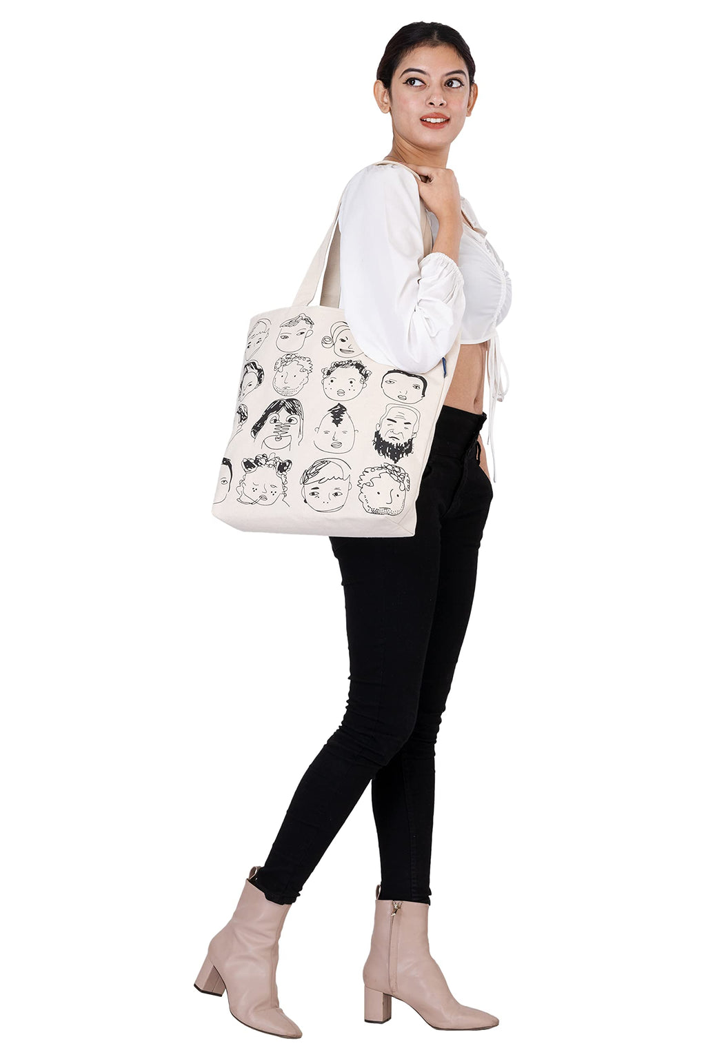 AQVA Printed Cotton Canvas Tote Bag For Women & College Girls|Trendy Stylish Multipurpose Handbag With Zipper|Shoulder Bag For Shopping, Beach, Travel, Work With Inside Pockets (Face), Beige