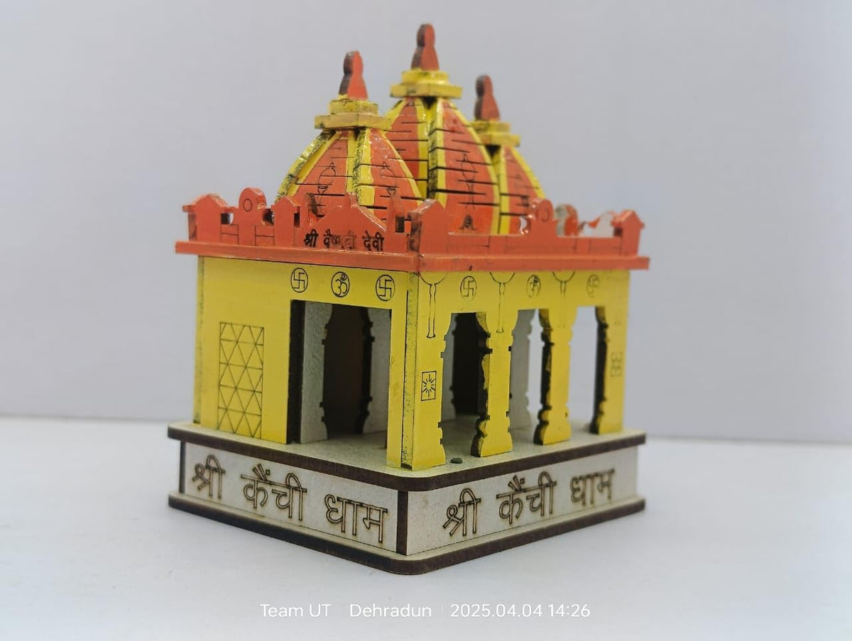 Neem Karoli Baba Kainchi Dham Wooden Temple Miniature Model, Handcrafted Wooden Religious Replica with Traditional Design