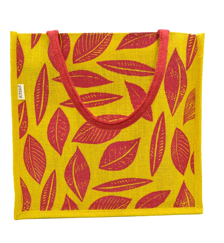 JUTEKA Unisex-Adult Red And Yellow Leave Printed Jute Bag For Lunch, Office, Grocery, Picnic, Tiffin, Shopping Hand Bag With Padded Cotton Handles