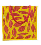 JUTEKA Unisex-Adult Red And Yellow Leave Printed Jute Bag For Lunch, Office, Grocery, Picnic, Tiffin, Shopping Hand Bag With Padded Cotton Handles