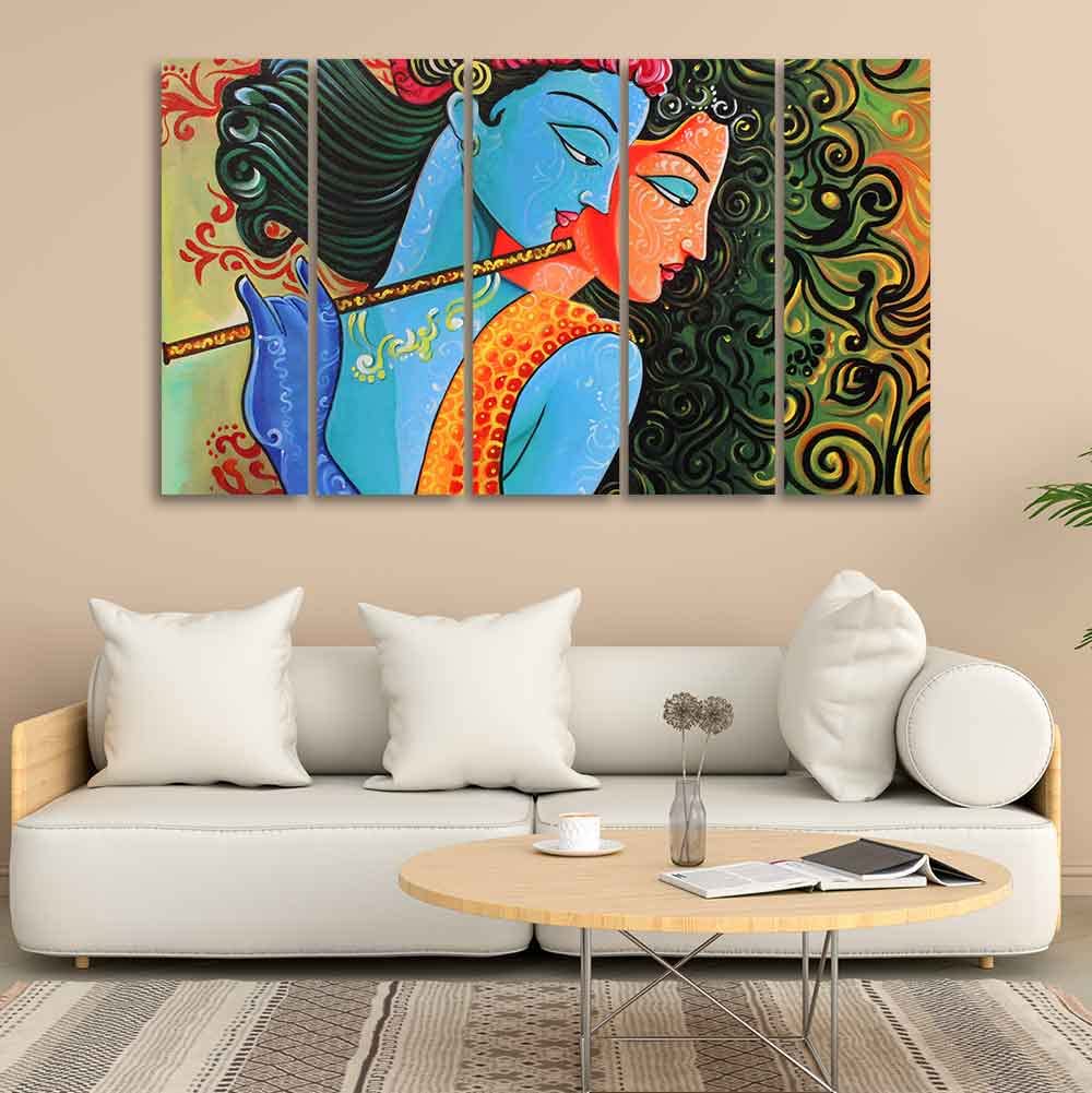 VIBECRAFTS Divine Radha Krishna Canvas Wall Painting Set of Five Pieces For Home|Office|Living Room|Gift (PTVC5Pcs4_8694)