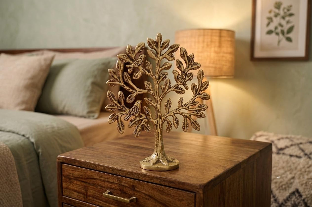 KridayKraft Kalpavriksha Tree of Life Showpiece with Birds, 15 cm Golden Metal Kalpvriksh for Home Mandir, Vastu, Office Table, Housewarming & Diwali Gift