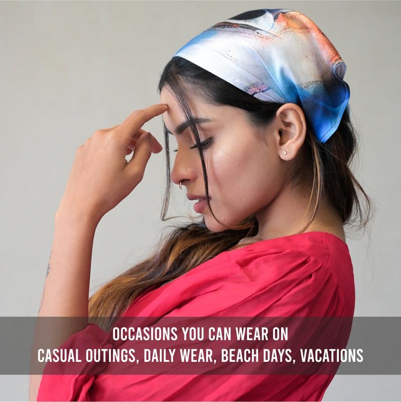 Hair Drama Co. Abstract Patterned Bandana Printed Women Elastic Scrunchies Hair Bands Retro Hair Ties Scarf Rubber Band Hair Accessories for Women & Girls - Blue