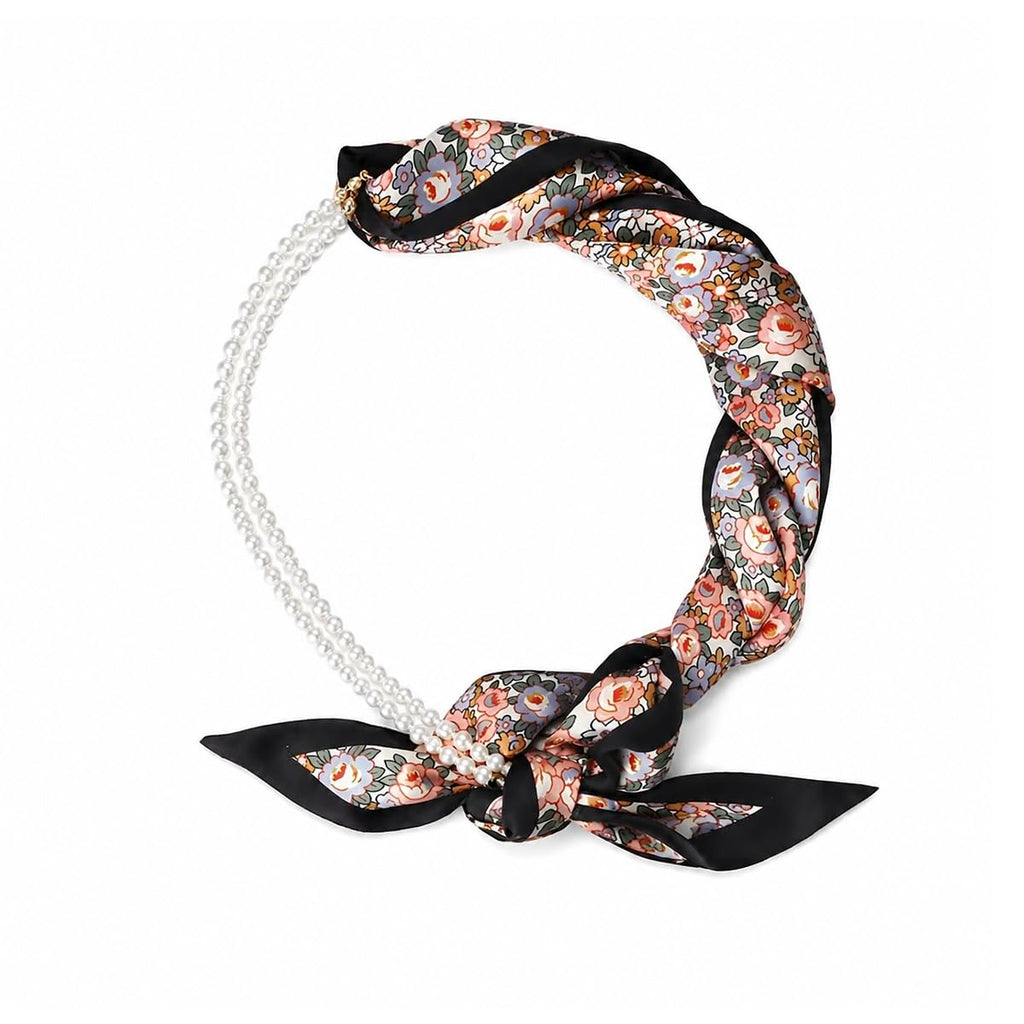 Floral Print Neck Hair Scarf for Women With Faux Pearl Chain Handbag Decor