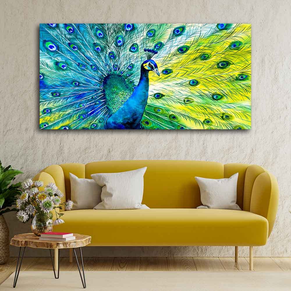 VIBECRAFTS Canvas Paintings for Living Room Drawing Room Colorful Peacock Canvas Wall Painting Fitted With Wooden Frame For Home | Office | Living Room | Gift (PTVCH_2488)