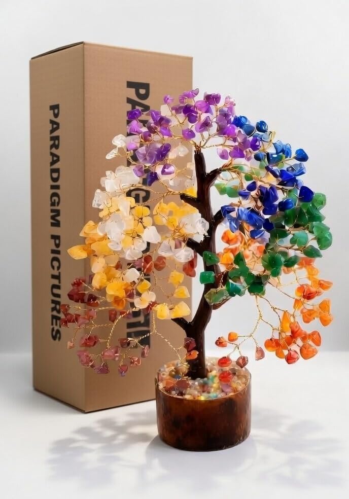 PARADIGM PICTURES 300 Gemstone Tree 12 Inch - Seven Chakra Crystals Tree for Good Luck, Home Decoration Items for Living Room, Plant with Pot