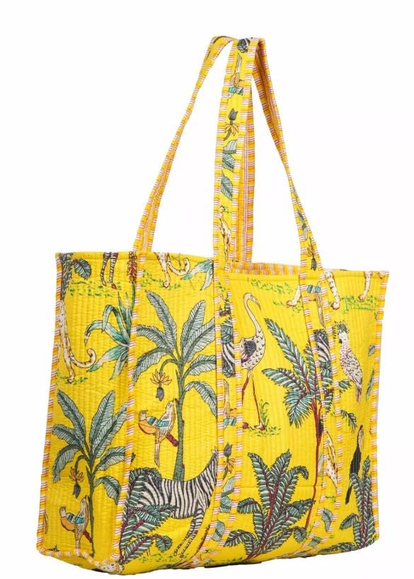 DecorAvenue Quilted Premium Cotton Printed Reversible Tote Bag Grocery Shopping Bag Travel Bags Carry Bag 18x15x5.5 Inch (Yellow Jungle)