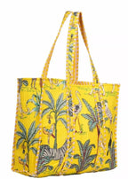 DecorAvenue Quilted Premium Cotton Printed Reversible Tote Bag Grocery Shopping Bag Travel Bags Carry Bag 18x15x5.5 Inch (Yellow Jungle)