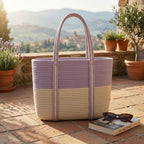 Loom & Luster Handwoven Jute Tote Bag Dual Tone Summer Shoulder Bag | Lightweight Eco-Friendly Handbag for girls and woman (White & Purple)