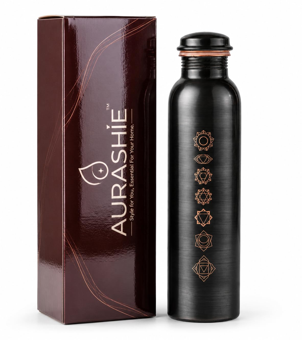 AURASHIE Pure Copper Water Bottle 1 Litre with Sacred (7 Chakras) Geometry Design | BPA Free & Leak Proof | Copper-Infused Water | Durable & Rust Proof | Ayurveda Health Benefits - (Antique Black)