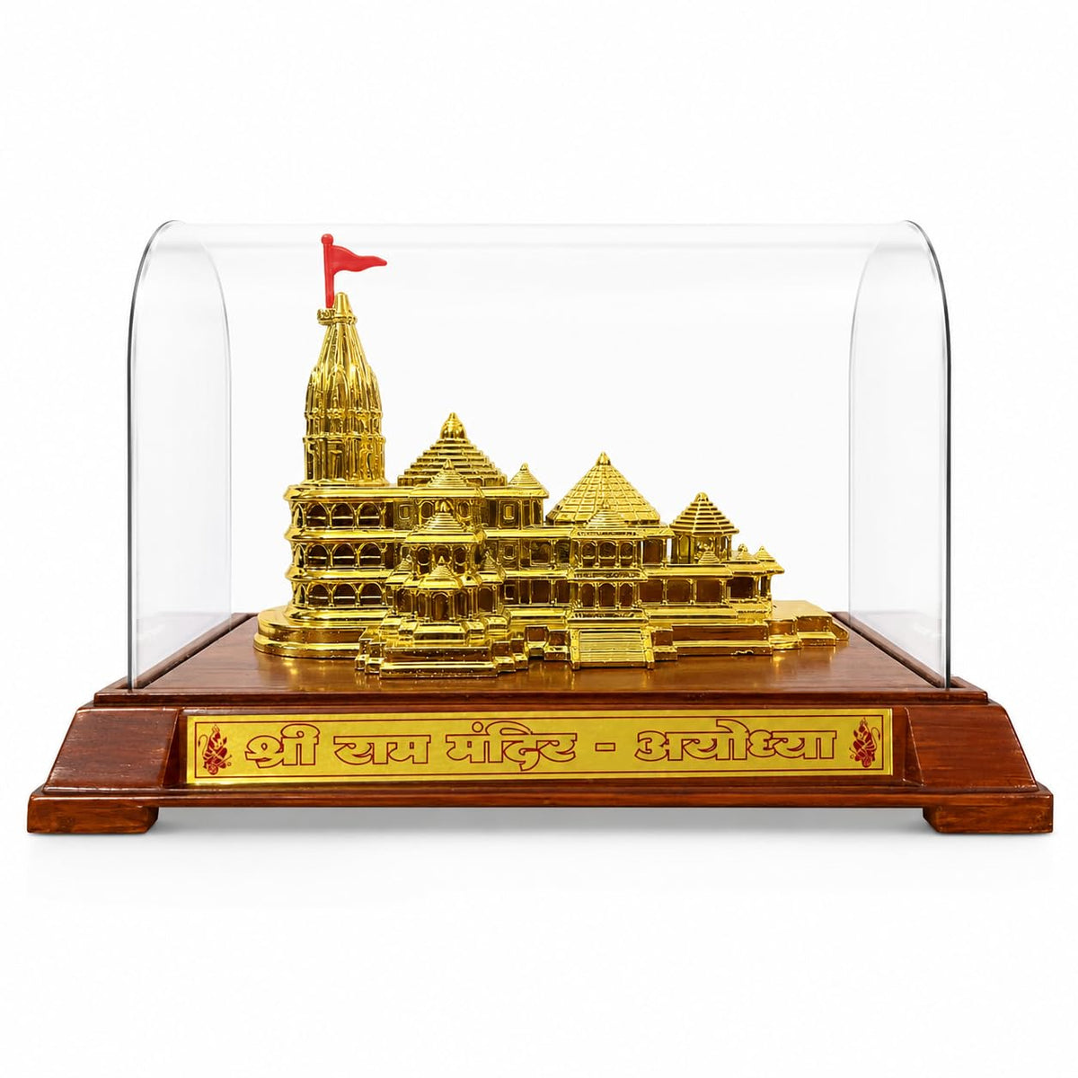 LOYELPROD Ram Mandir Ayodhya Temple Replica, Gold Finish, with Acrylic Cover and Wooden Base Coating