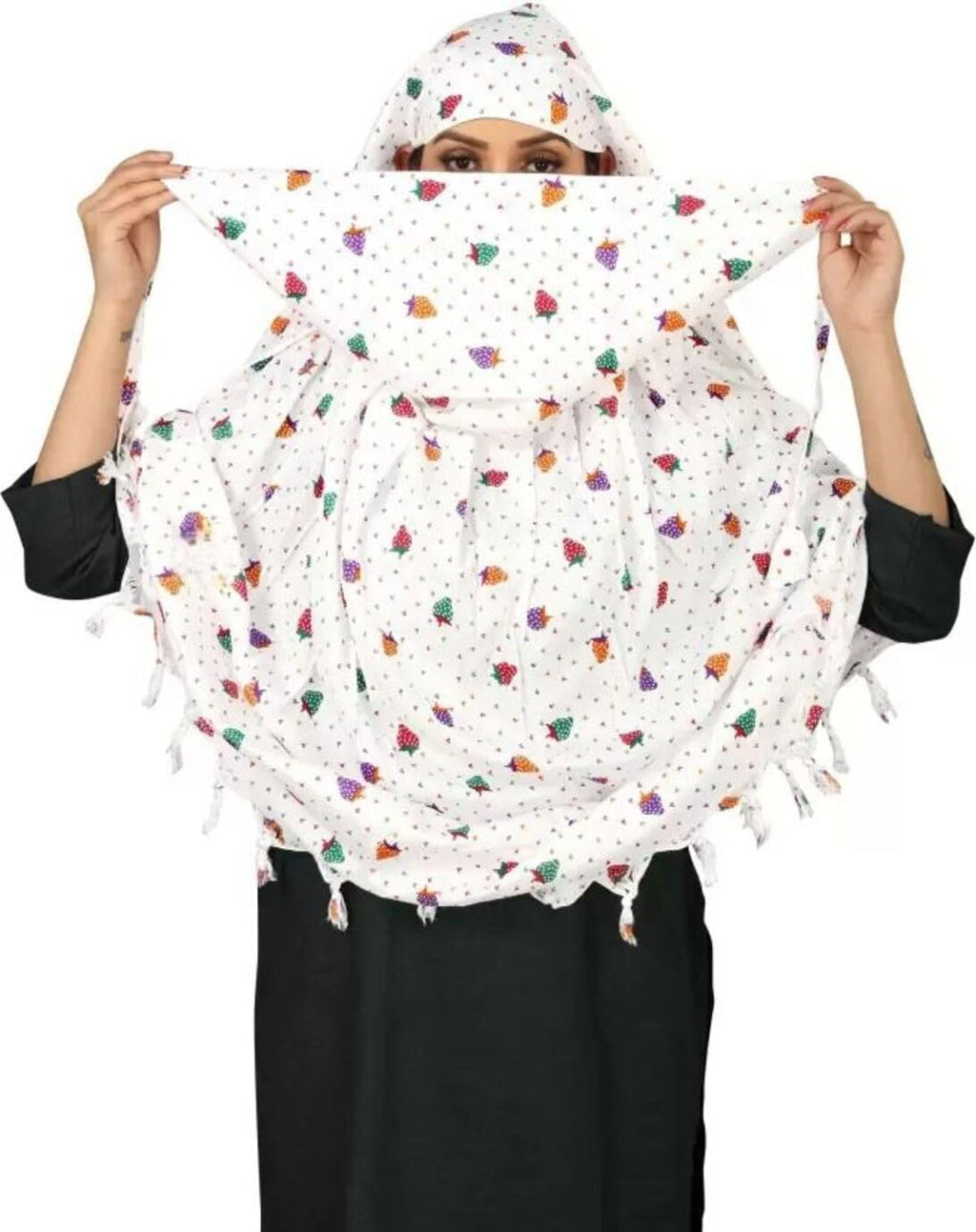 Vinsh Enterprise Cotton Long Scarf Cum Mask Scarves Usable for Vehicle Driver | White Printed Design | Universal Size | For Girl & Women | Soft & Breathable Sun Protection (STRAWBERRY)